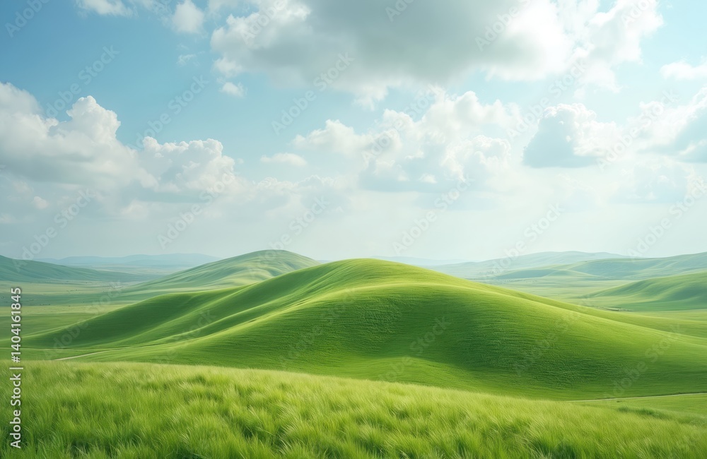 Rolling green hills at summer day with blue sky and clouds. Panoramic view of the meadow, natural landscape, warm light and soft shadows. Scenic countryside view. Concept of freedom, nature, travel. Rolling green hills at summer day with blue sky and clouds. Panoramic view of the meadow, natural landscape, warm light and soft shadows. Scenic countryside view. Concept of freedom, nature, travel.