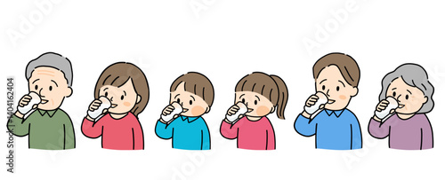 牛乳を飲む家族のイラストセット
