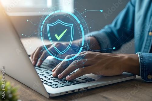 Cybersecurity Protection: A person's hands actively typing on a laptop keyboard, with a digital shield and checkmark icon overlay, symbolizing online security and data protection.