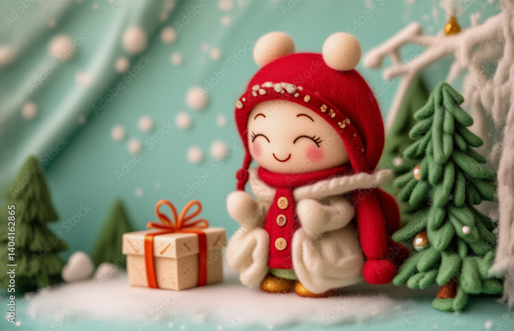A cute, cartoonish figurine bundled up warmly, standing in a snowy winter scene near a decorated gift box. The figure is wearing a red hat and scarf, with tiny buttons and a winter coat. A cute, cartoonish figurine bundled up warmly, standing in a snowy winter scene near a decorated gift box. The figure is wearing a red hat and scarf, with tiny buttons and a winter coat.