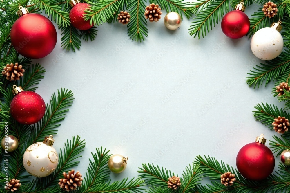 Festive red, green, white ornaments & pine branches border , isolated, garland Festive red, green, white ornaments & pine branches border , isolated, garland