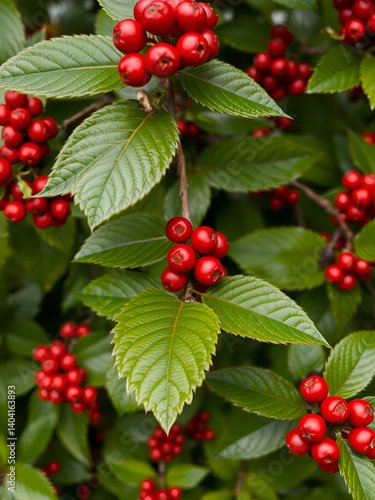 Full frame of gaultheria plant with red berries