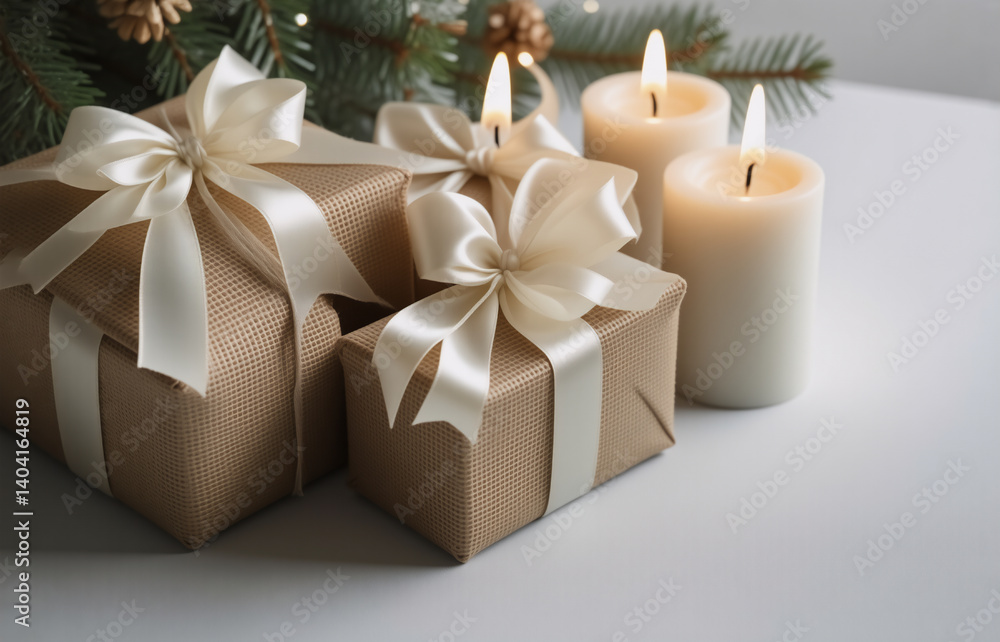 Obraz premium Two kraft paper gifts, adorned with ivory satin ribbons, sit beside flickering candles and pine branches. A festive and elegant winter scene.