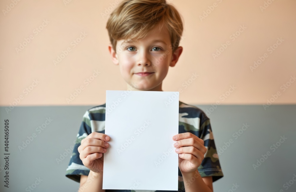 Young boy stands holding white blank paper sheet. He wears camouflage t-shirt smiling. Smiling boy with copy space for text or design. Concept for ads or presentation. Young boy stands holding white blank paper sheet. He wears camouflage t-shirt smiling. Smiling boy with copy space for text or design. Concept for ads or presentation.
