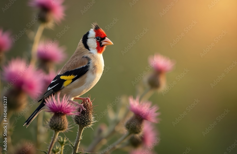 European goldfinch perched on thistle stem eating seeds. Early morning sun illuminates bird. Beautiful wild animal, colorful feathers, vibrant colors, detailed close-up portrait, nature at its finest. European goldfinch perched on thistle stem eating seeds. Early morning sun illuminates bird. Beautiful wild animal, colorful feathers, vibrant colors, detailed close-up portrait, nature at its finest.