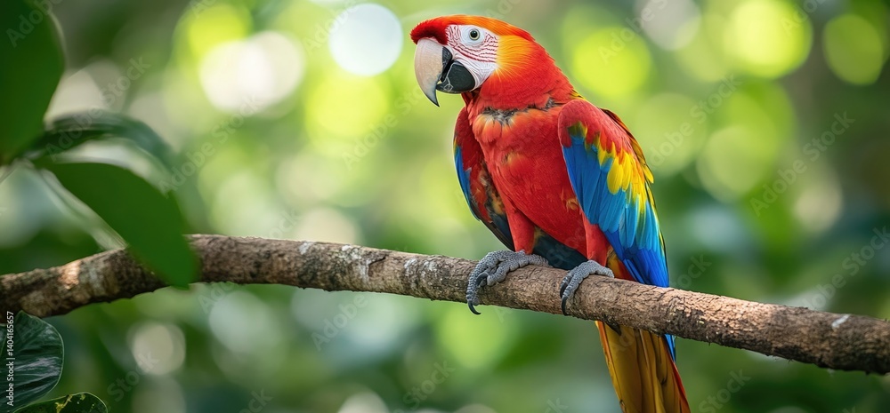Scarlet Macaw perched on branch, lush green jungle Scarlet Macaw perched on branch, lush green jungle