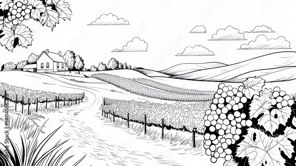 Fototapeta premium Black and White Vineyard Landscape Drawing