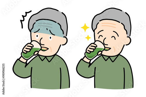 苦い青汁に驚く顔と、美味しそうに飲む顔のシニア男性イラストセット