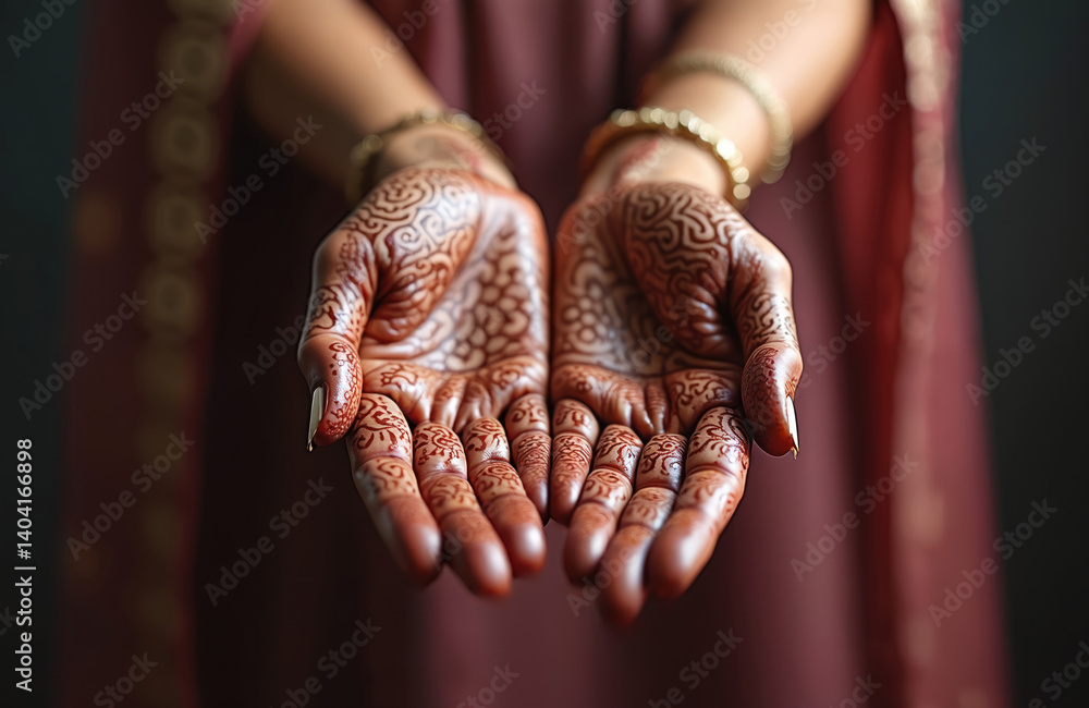 Fototapeta premium Close-up hands with intricate henna mehndi design. Woman hand adorned with traditional henna, symbol of beauty, culture. Wedding, bridal ceremony, body art, indian culture, love, fashion.