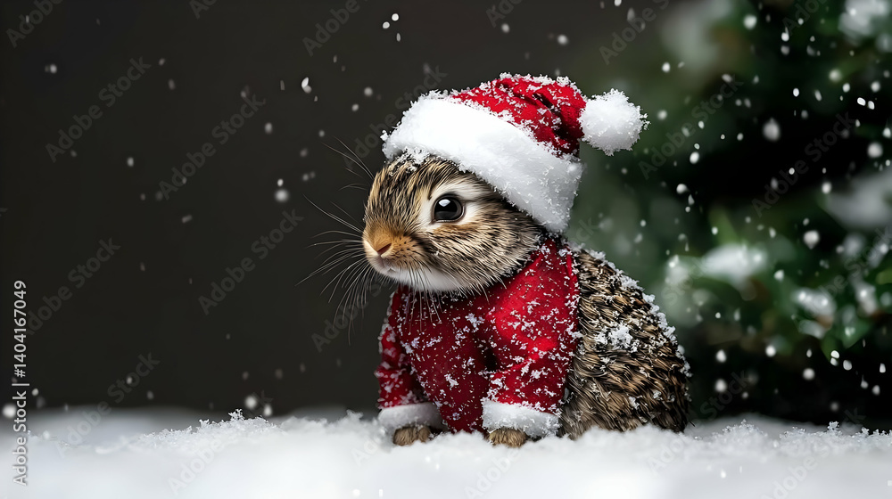 Rabbit Wearing Santa Hat And Red Sweater Sitting In Snow Near Christmas Tree With Snowy Falling Background Rabbit Wearing Santa Hat And Red Sweater Sitting In Snow Near Christmas Tree With Snowy Falling Background