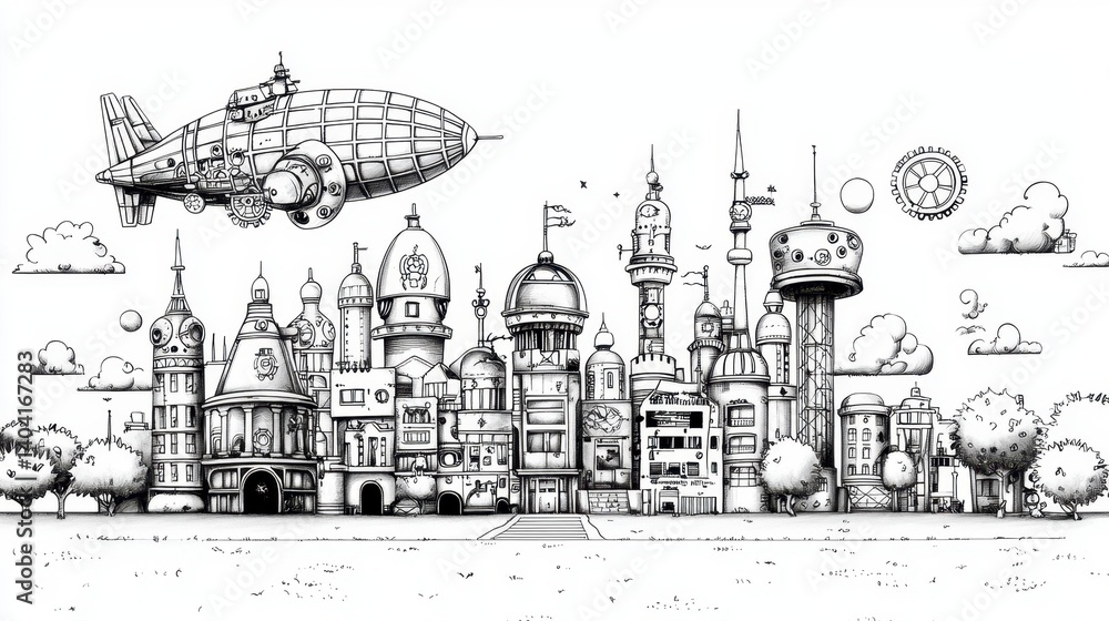 Fototapeta premium Whimsical Cityscape with Airship Design