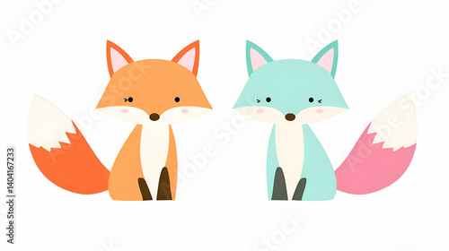 Two Cute Cartoon Foxes in Orange and Blue