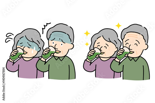 青汁を飲んで苦戦する表情と、美味しそうに飲むシニア夫婦のイラストセット