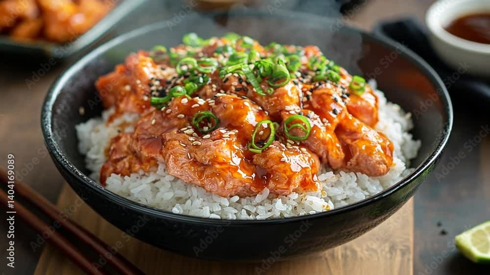 Appetizing rice bowl topped with reddish orange sauce and garnished with herbs and sesame seeds Appetizing rice bowl topped with reddish orange sauce and garnished with herbs and sesame seeds