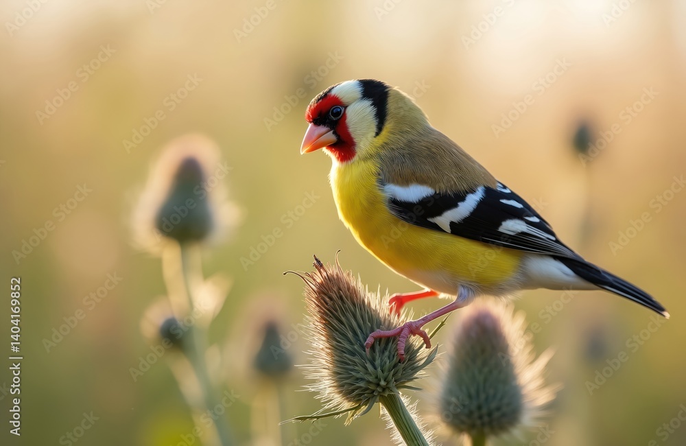 Obraz premium European goldfinch Carduelis carduelis perches on thistle plant in early morning. Bird eating seeds. Yellow, red, brown feathers. Wildlife photography nature beauty, birdwatching, ornithology, eco
