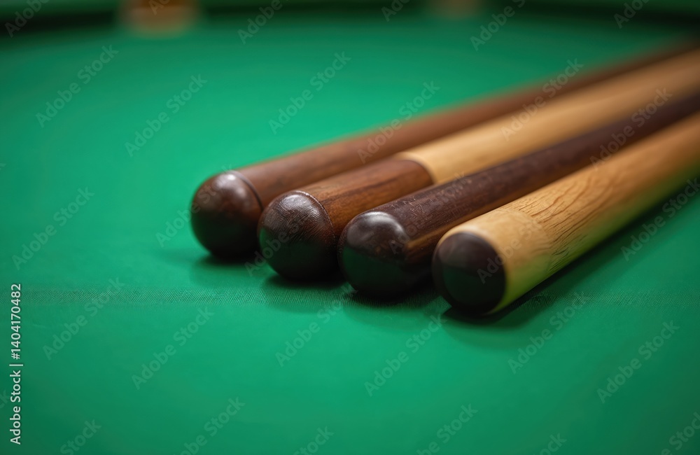 Fototapeta premium Four wooden billiard cues rest on a green table. Close-up shot features cues, green felt background. Recreation sport hobby, leisure activity, entertainment in gambling game.