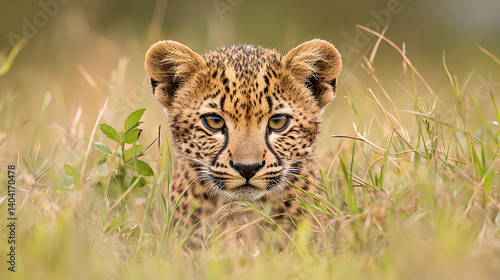 Young Leopard Cub Hidden In Tall Grass