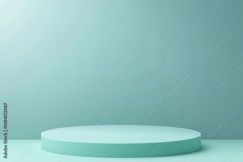 Minimalist Light Teal Round Display Podium Against a Solid Teal Background, Perfect for Product Showcase in a Clean and Modern Studio Setting with Ample Vertical Copy Space Minimalist Light Teal Round Display Podium Against a Solid Teal Background, Perfect for Product Showcase in a Clean and Modern Studio Setting with Ample Vertical Copy Space