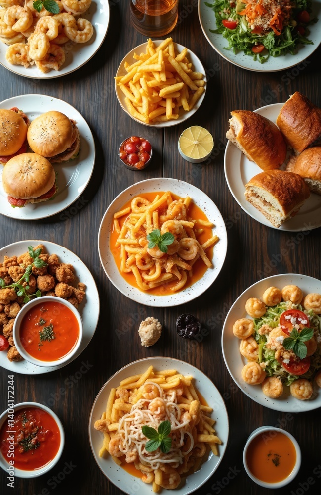 Top view assortment dishes on wooden table. Pasta with shrimps, french fries. Burgers, caesar salad, tomato soup, fried snacks. Food arrangement in restaurant. Culinary concept. Top view assortment dishes on wooden table. Pasta with shrimps, french fries. Burgers, caesar salad, tomato soup, fried snacks. Food arrangement in restaurant. Culinary concept.