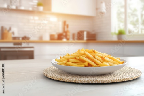 Crispy french fries on a plate in a bright kitchen setting.