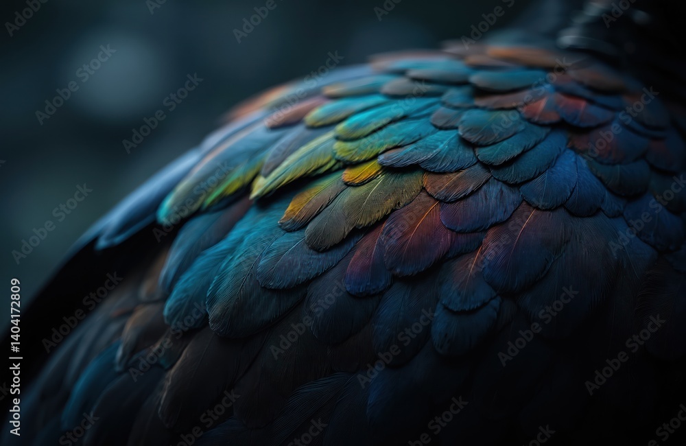 Fototapeta premium Close-up of bird plumage with dark feathers, rainbow highlights. Abstract design with vibrant colors, contrast detail. Exotic wildlife, nature pattern. Ideal for art, fashion, design projects.