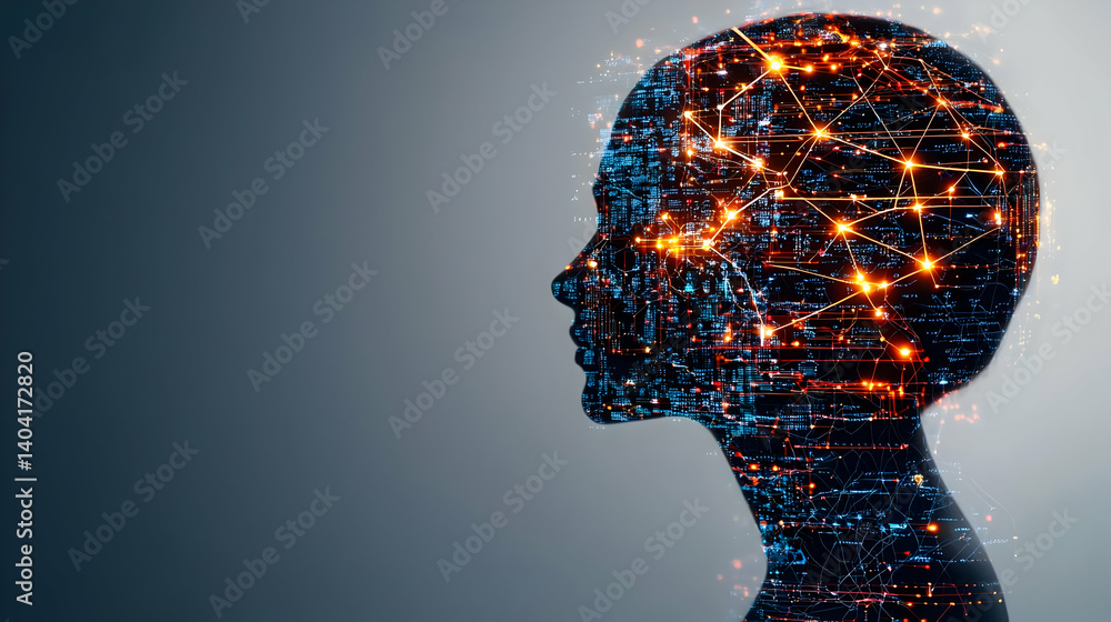 Digital Silhouette Human Head Profile With Circuit Board Pattern Representing Artificial Intelligence Digital Silhouette Human Head Profile With Circuit Board Pattern Representing Artificial Intelligence