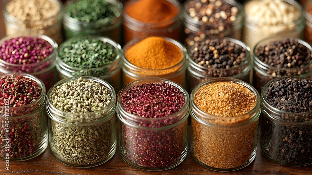 Assortment of spices and grains in glass jars. Assortment of spices and grains in glass jars.