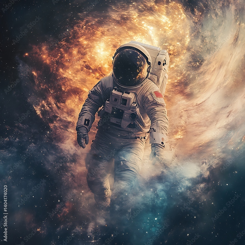 Obraz premium Futuristic astronaut walking through intergalactic space under vibrant nebula high resolution image