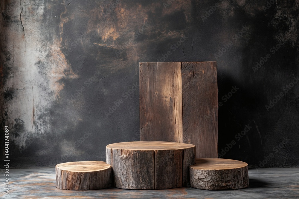 Rustic Wooden Log Slice Display Pedestals and Plank Against a Dark Textured Wall, Ideal for Natural Product Showcase in a Raw and Organic Style Setting with Vertical Space Rustic Wooden Log Slice Display Pedestals and Plank Against a Dark Textured Wall, Ideal for Natural Product Showcase in a Raw and Organic Style Setting with Vertical Space