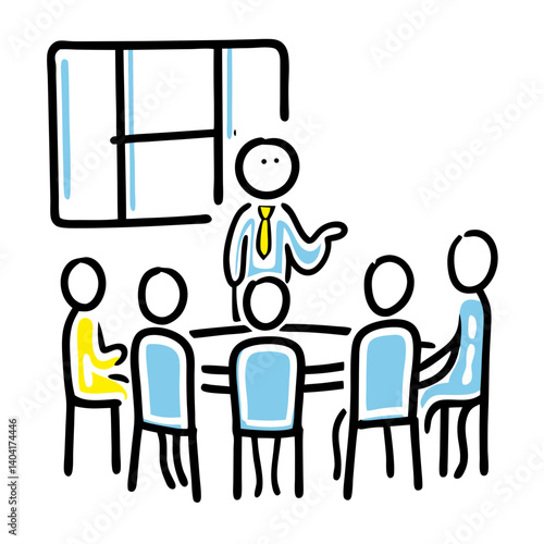 Business meeting with a presenter engaging attendees around a table  