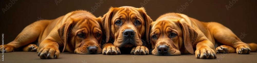 Three massive Dogue de Bordeaux relax together , powerful, side view, head shot Three massive Dogue de Bordeaux relax together , powerful, side view, head shot