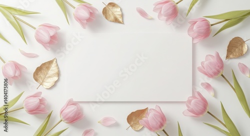 Minimalist white background with a floating arrangement of translucent blush tulips and subtle champagne gold leaves