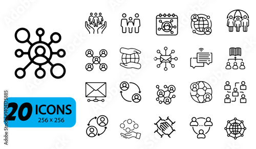 Set of 20 Networking Icons, Outline Style, 256x256 Pixels