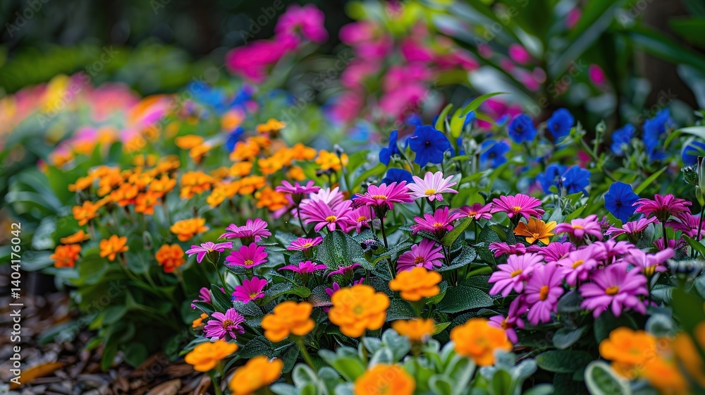 Obraz premium Botanical background with vibrant blooming flowers in natural sunlight setting