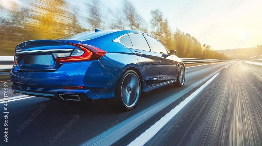 Fototapeta premium Blue car driving on highway speed motion blur transportation vehicle automotive design and style fast ride