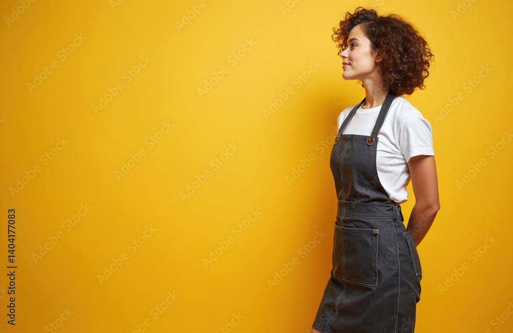 Young woman waiter in denim apron looks away. Girl barista smiles. Smiling female in studio. Happy employee posing in restaurant. Portrait of beautiful waitress, occupation, career.