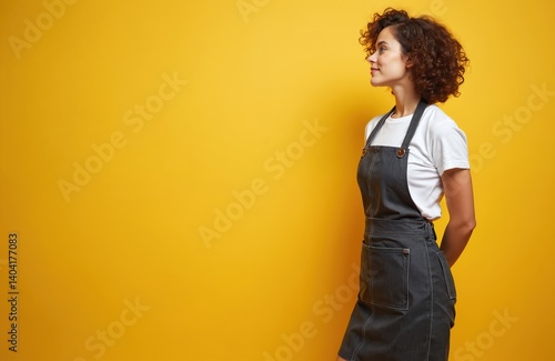 Obraz na płótnie Young woman waiter in denim apron looks away. Girl barista smiles. Smiling female in studio. Happy employee posing in restaurant. Portrait of beautiful waitress, occupation, career. w salonie