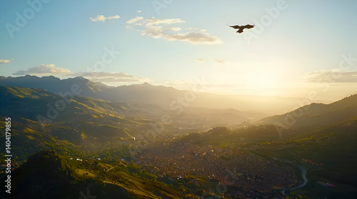 Bird in Flight Over a City at Sunset in the Mountains