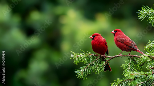 Two Vivid Red Birds Perched on a Green Branch