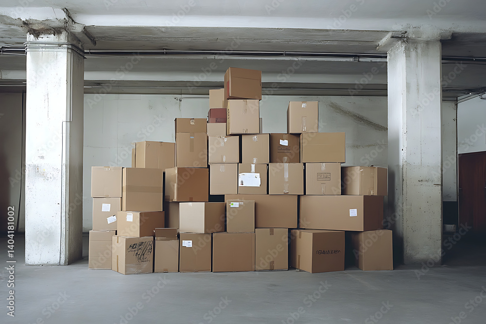 Moving Day Scene with Cardboard Boxes and Equipment in Empty Room Moving Day Scene with Cardboard Boxes and Equipment in Empty Room