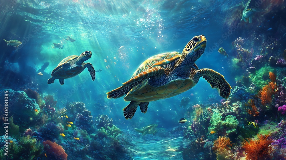 Obraz premium Graceful turtles swimming in serene ocean waters with filtered light high resolution image