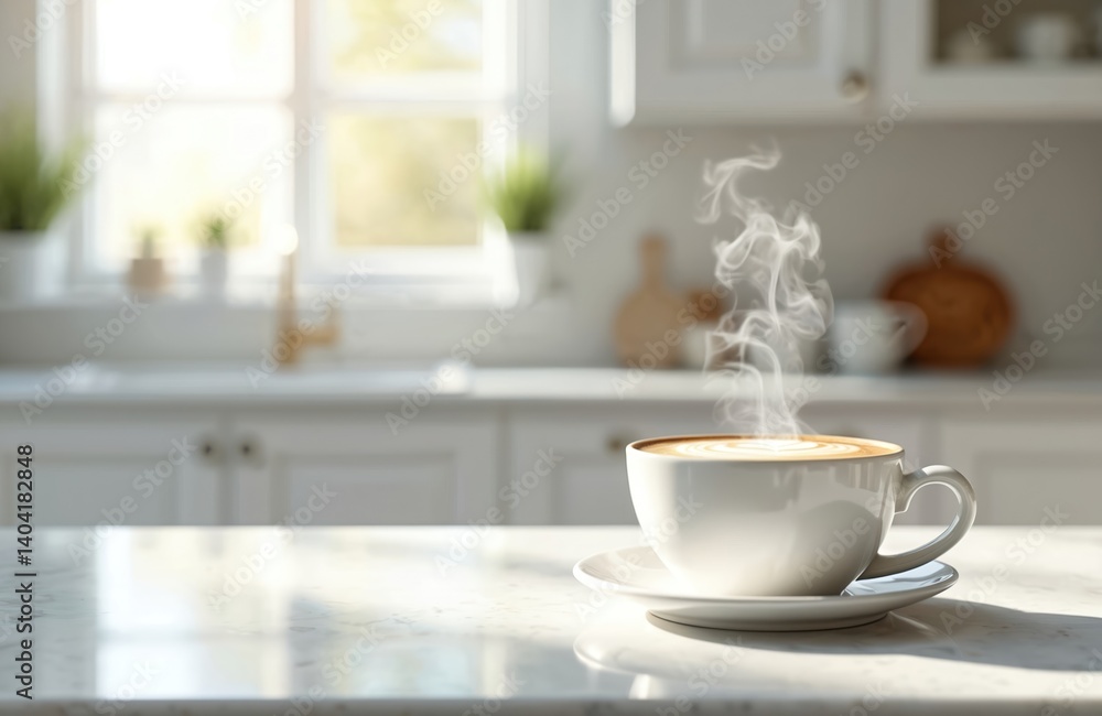 Steaming coffee cup on marble surface in bright, modern kitchen. Sunlight enhances warm drink. Morning beverage, cozy home interior, design concept, coffee break, breakfast at home. Steaming coffee cup on marble surface in bright, modern kitchen. Sunlight enhances warm drink. Morning beverage, cozy home interior, design concept, coffee break, breakfast at home.