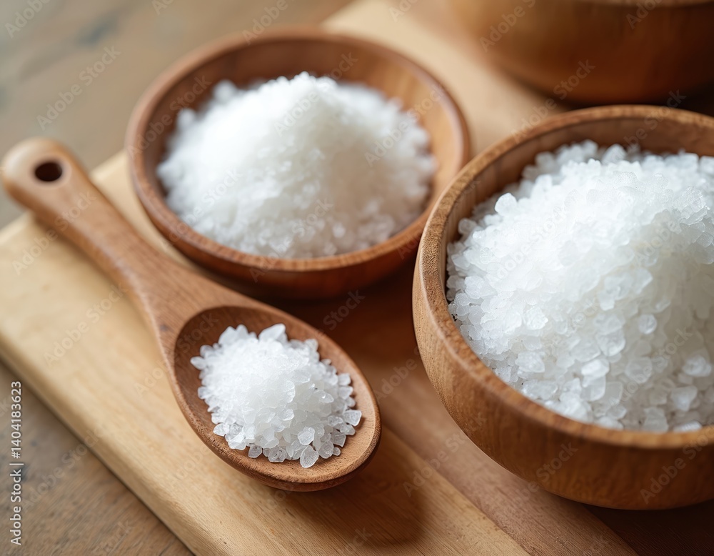 Sea crystal salt wooden bowl spoon on wooden board. Rustic culinary image displays organic ingredient for cooking. Spa concept, healthy food, beauty treatment, mineral salt crystals. Sea crystal salt wooden bowl spoon on wooden board. Rustic culinary image displays organic ingredient for cooking. Spa concept, healthy food, beauty treatment, mineral salt crystals.