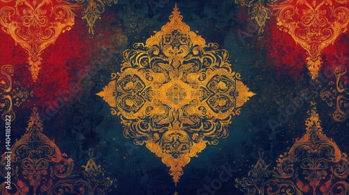 A rich tapestry of ornate gold patterns on a dark background with splashes of red.