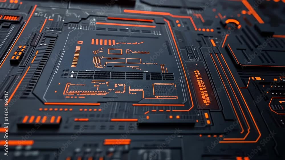 Futuristic circuit board glowing orange, tech background, digital design