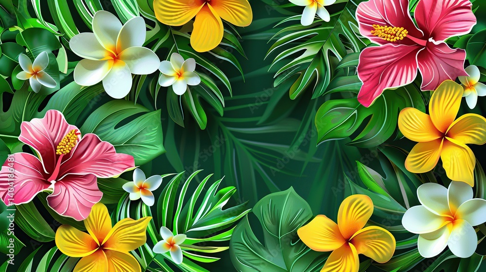 Obraz premium Lush botanical background featuring vibrant exotic flowers in natural sunlight
