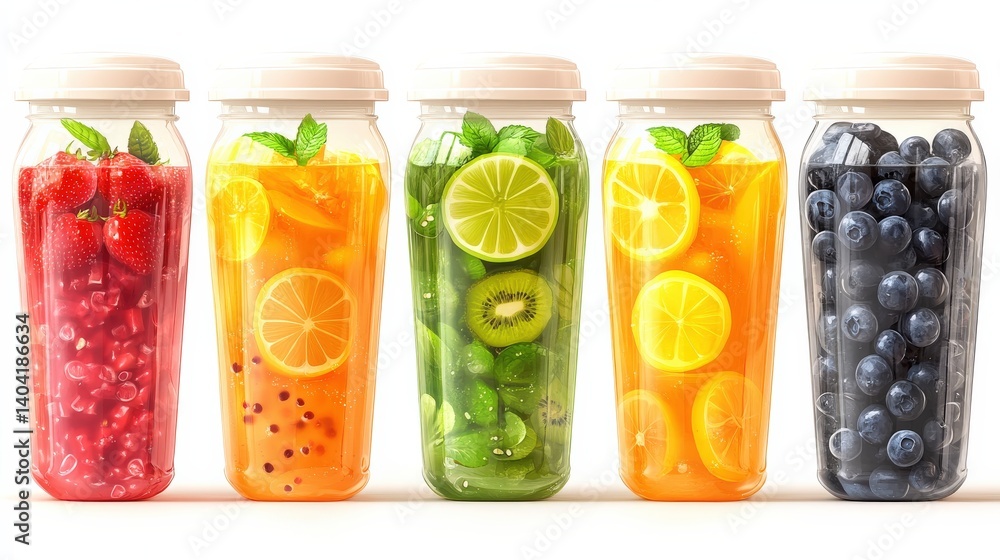 Assorted fruit-infused beverages in glass jars, showcasing vibrant colors and fresh ingredients Assorted fruit-infused beverages in glass jars, showcasing vibrant colors and fresh ingredients