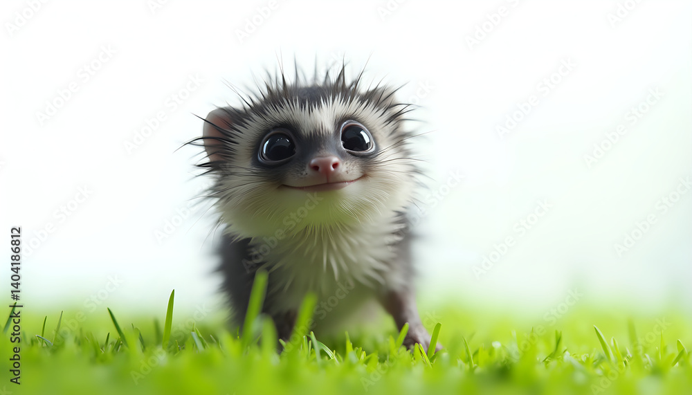 Fototapeta premium A small baby hedgehog standing on top of a lush green field.