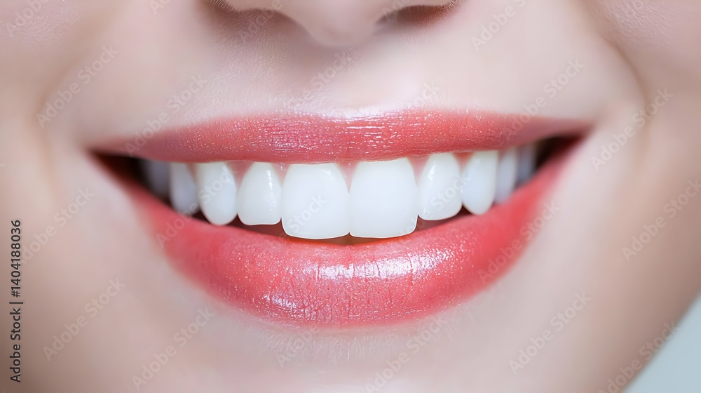 Fototapeta premium Closeup Of Smiling Woman With White Teeth And Pink Lips