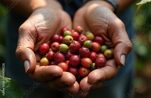 Agriculturist hands hold freshly harvested arabica robusta coffee cherries. Farmer shows red, green ripe coffee berries. Plantation harvest, close-up. Nature, agriculture, crop, food concept.